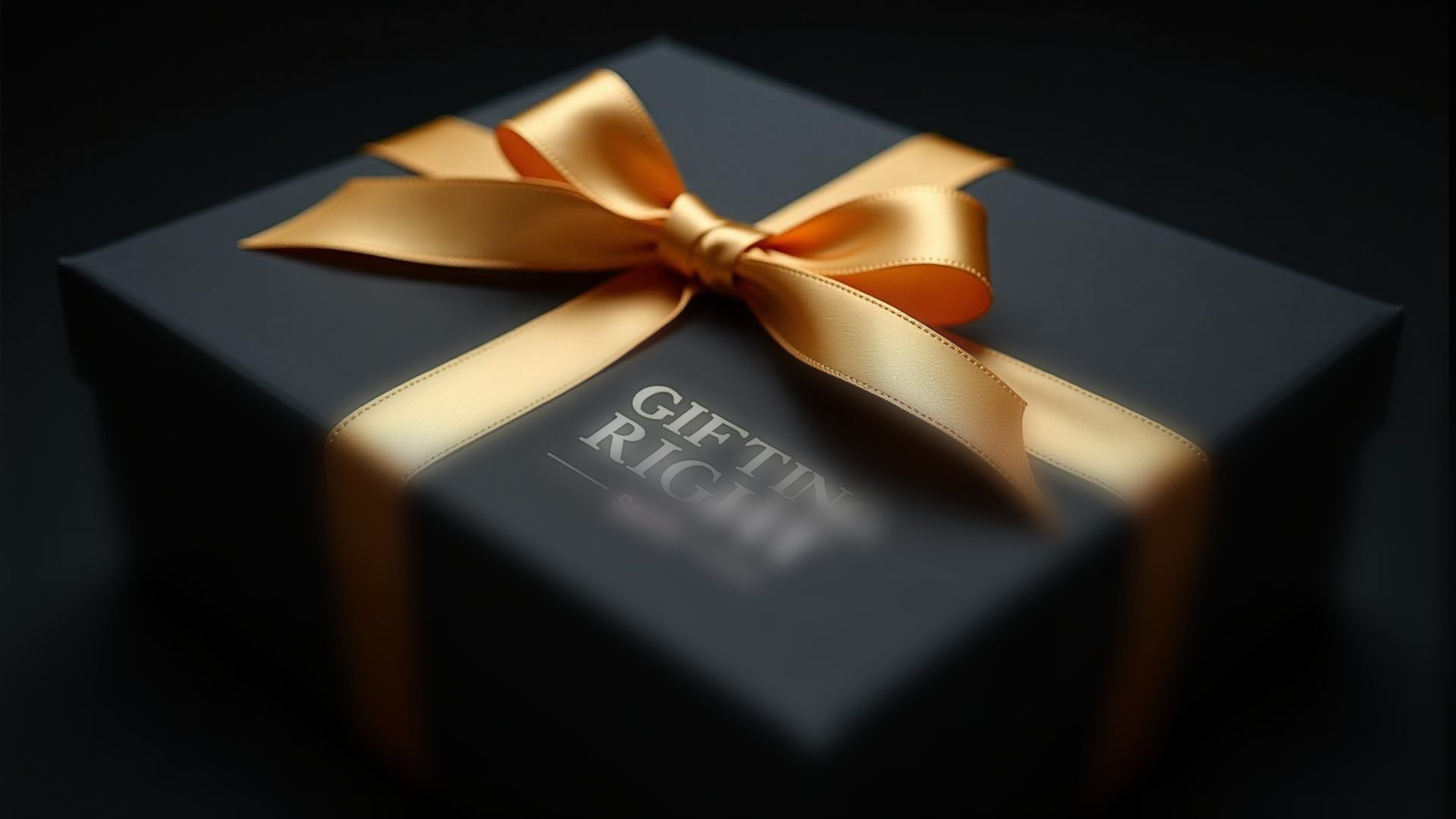 A black Gifting Right presentation box finished with a gold satin ribbon.